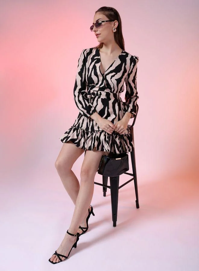 Women's Animal Print Fit and Flare Wrap Dress Black