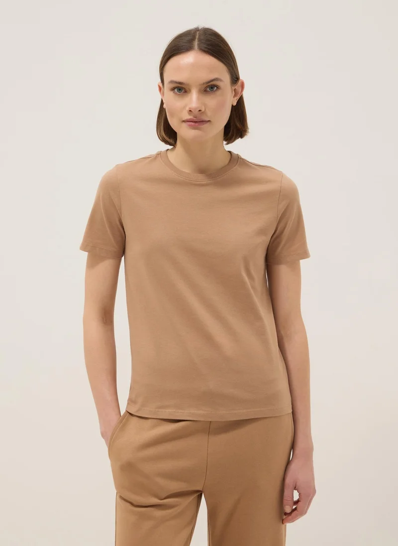 OVS Pure Cotton Regular Fit Crew Neck T-Shirt Pale Taupe