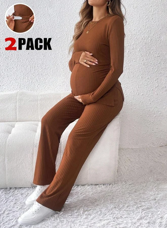 Maternity Round Neck Top and Adjustable Pants Set Bronze
