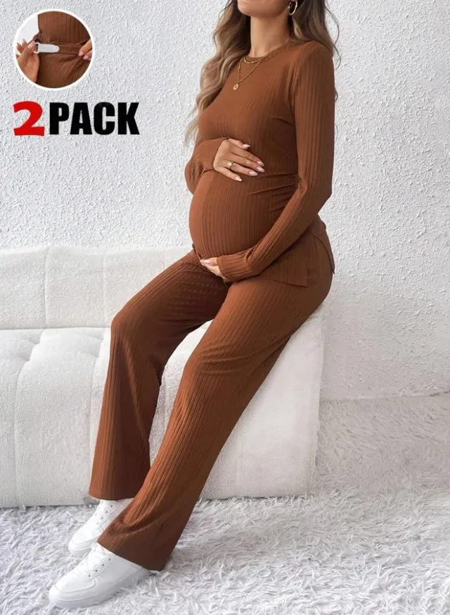 Maternity Round Neck Top and Adjustable Pants Set Bronze