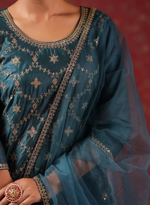 Ishin Teal Poly Silk Self Design Palazzo Kurta Set - Straight Fit – image 2