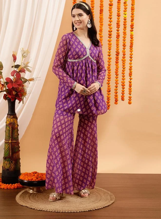 Printed V-Neck Kurta Sharara Set Purple