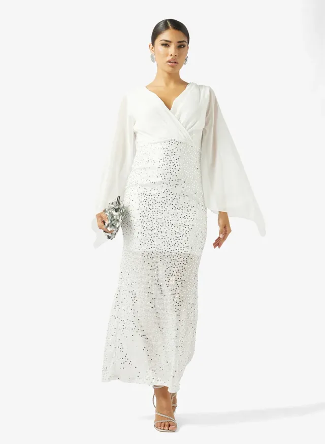 White Maxi Wrap Dress with V Neck and Long Flutter Sleeves – image 4