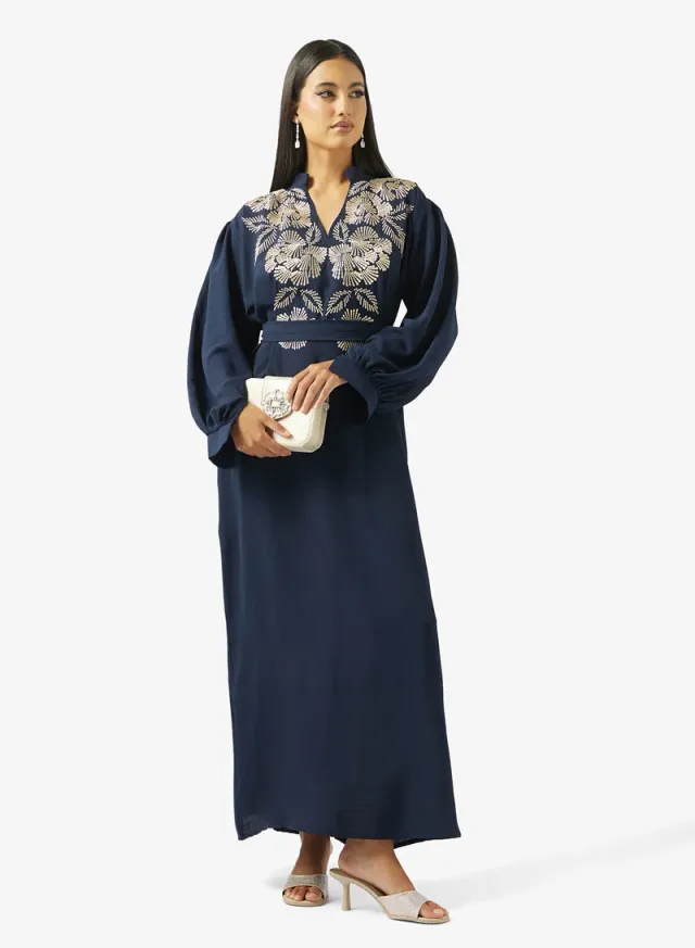 Floral Embroidered Belted Jalabiya – image 4