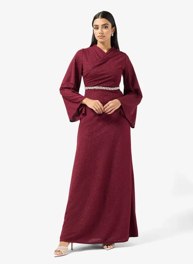 Burgundy Maxi Wrap Dress with Cowl Neck and Long Sleeves – image 4