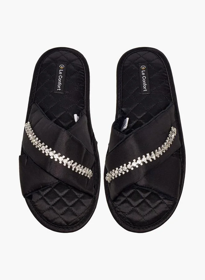 Women's Embellished Satin Bedroom Slides Black