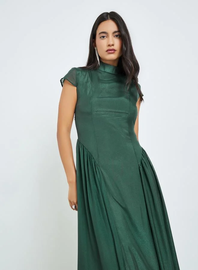 Pleated A-Line Maxi Dress Dark Green