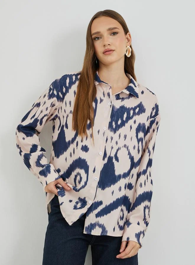 Printed Oversized Spread Collar Shirt Pastel Gray