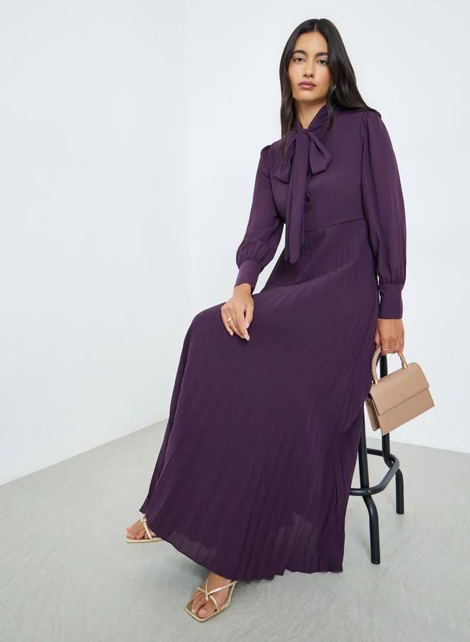 Pleated Bow Tie Maxi Dress Deep Purple