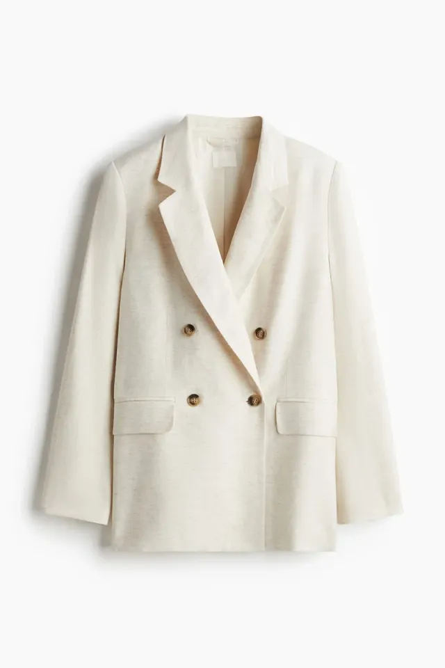 Beige Linen-Blend Double-Breasted Blazer for Women – image 4