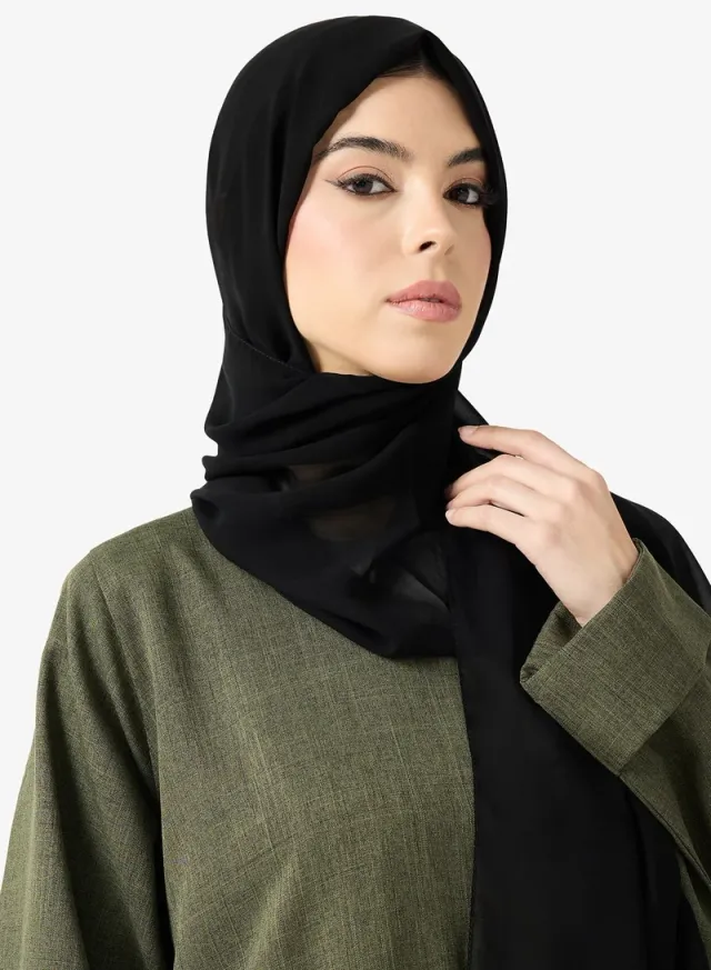 Olive Green Asymmetric Open Front Abaya with V-Neck and Long Sleeves – image 5