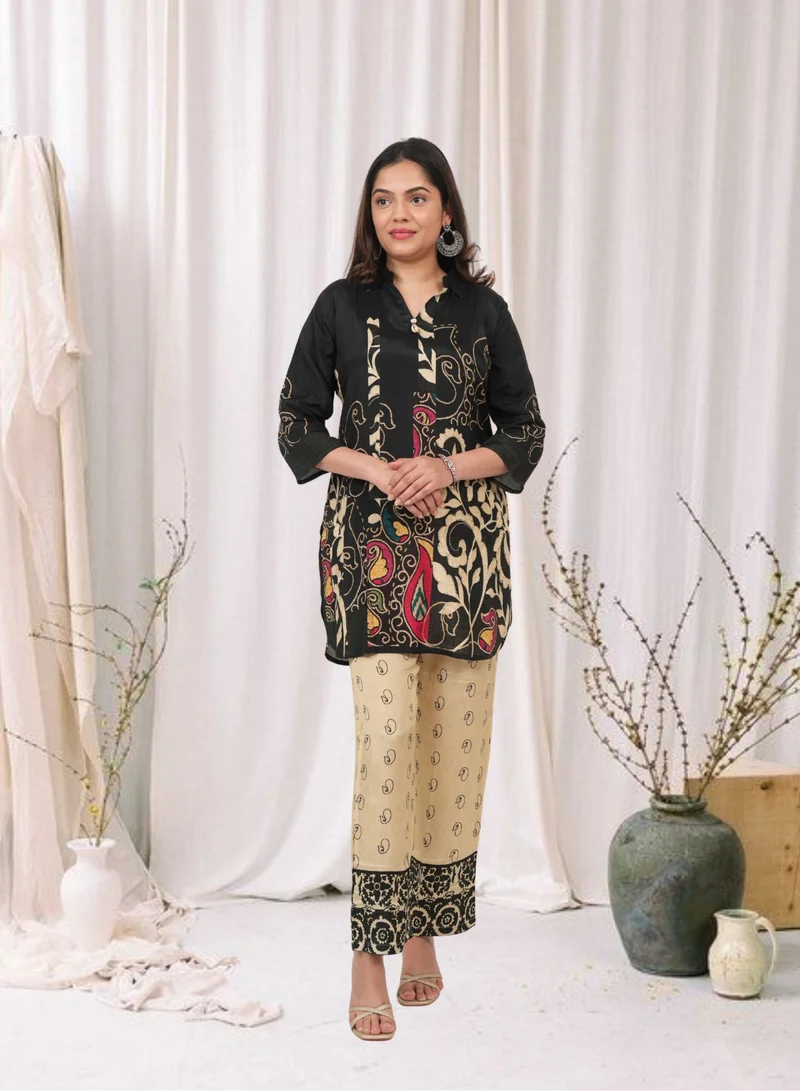 Traditional Motif Printed Kurta Pant Set Black
