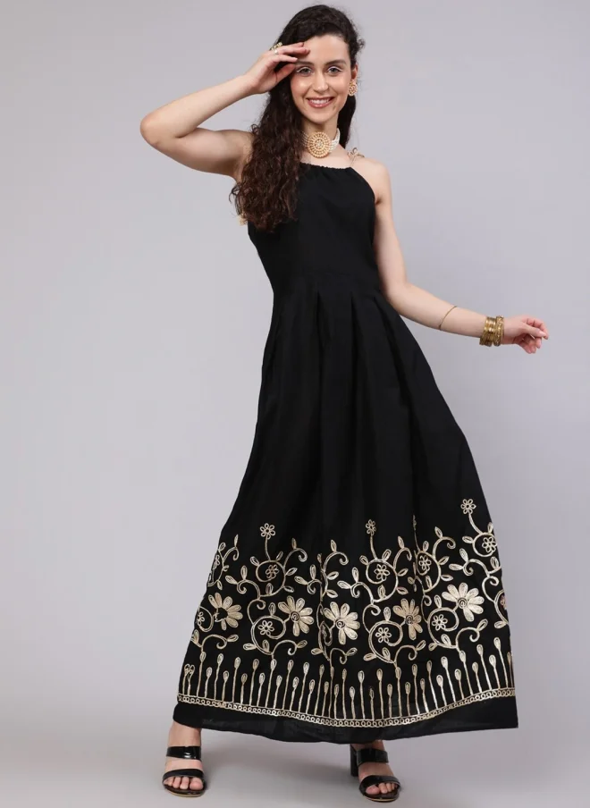 Floral Embroidered Maxi Dress Black