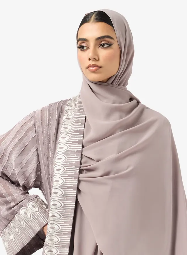Striped Abaya and Sheila Set - Loose Fit - Pruplish Brown - Hayas Closet – image 4
