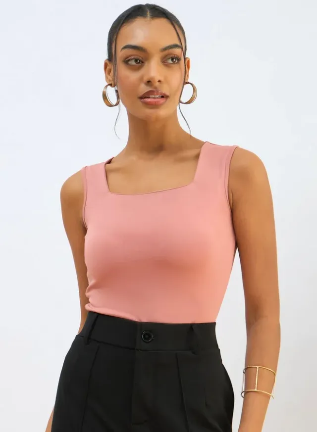 Pink Square Neck Sleeveless Skinny Fit Bodysuit for Women – image 8