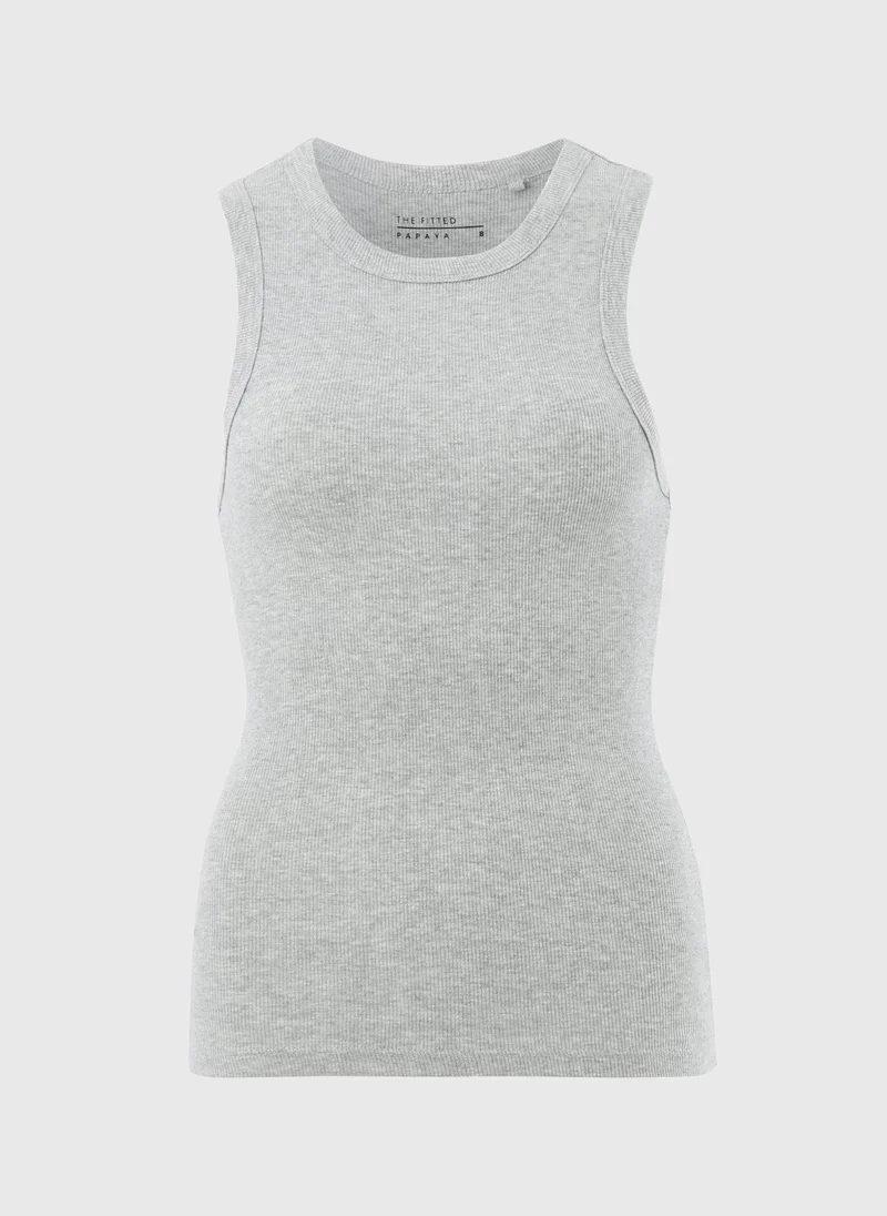Ribbed High Neck Vest Top Grey