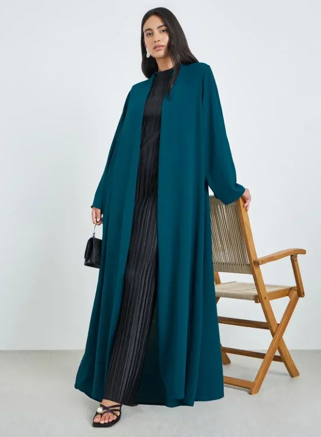 Teal Open Front Solid Abaya for Women - Long Sleeve, Straight Fit