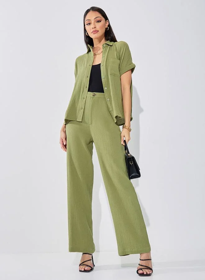 High Rise Wide Leg Textured Trousers Olive Green
