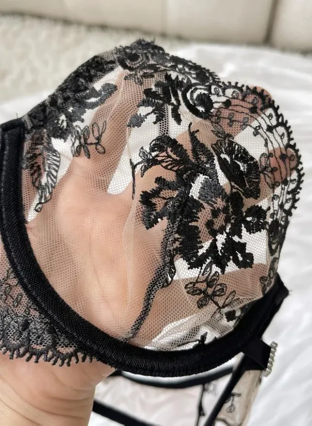 Floral Embroidered Mesh Bra & Thong Set Black – image 3
