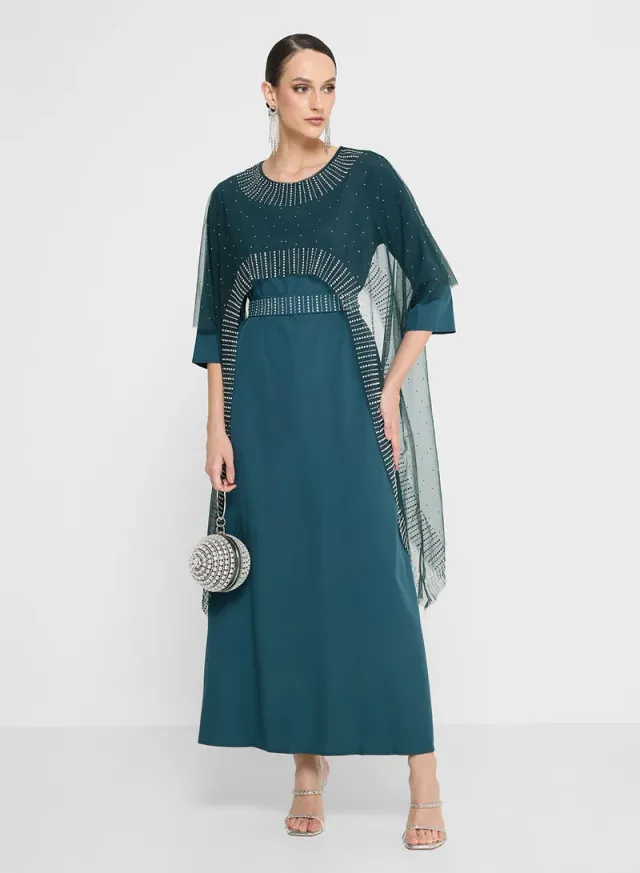 Teal Embellished Maxi Dress with Cape Trail for Women – image 5