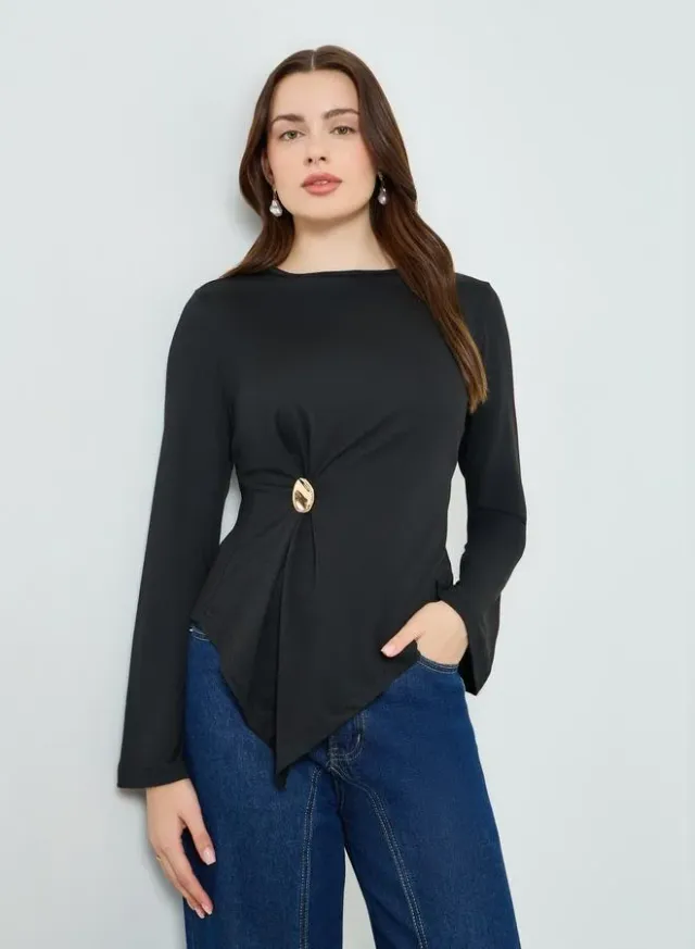 Button Detail Wrap Top Black