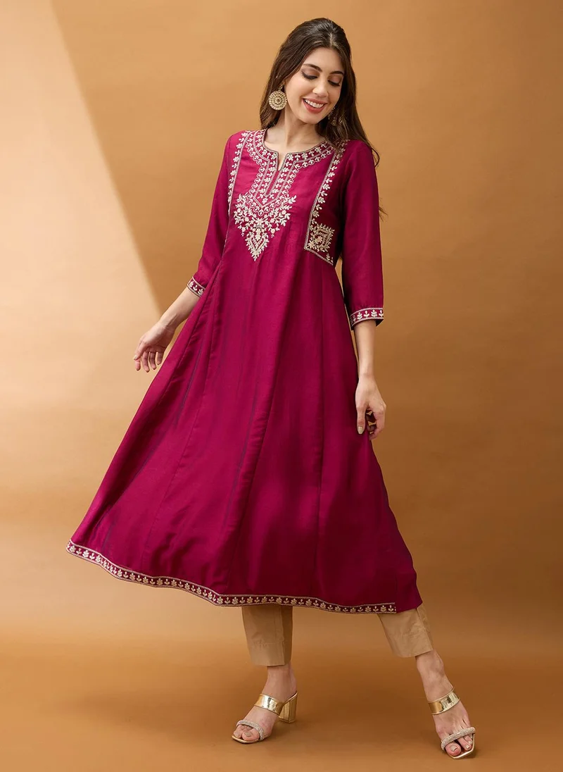 Globus Women Floral Embroidered Anarkali Festive Kurta Burgundy