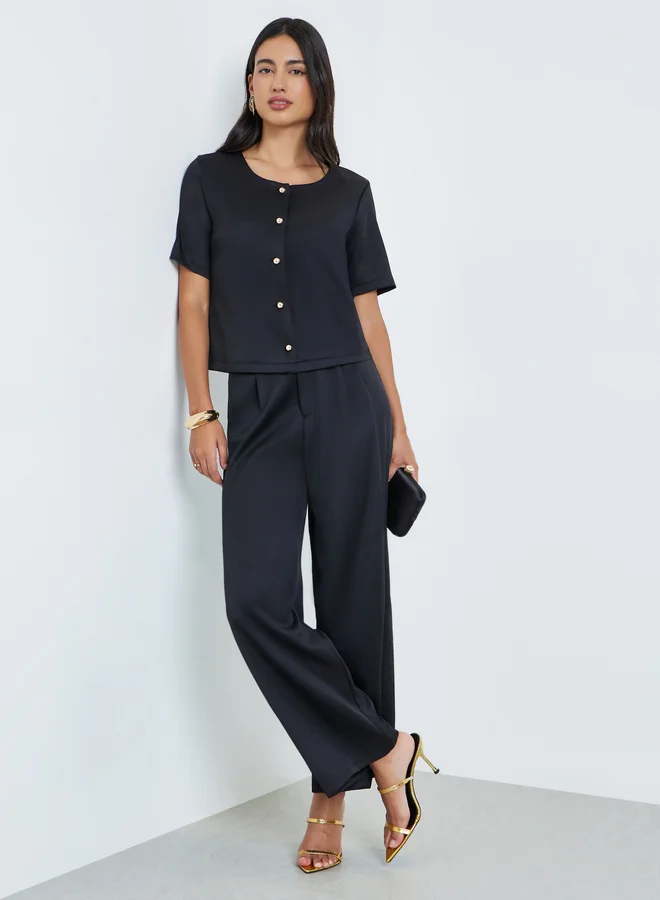 Short Sleeve Buttoned Top & Pants Co-ord Black