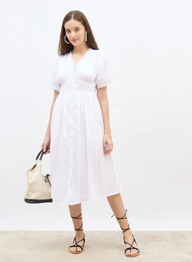 Styli Ruched Dobby Long Sleeve Dress White