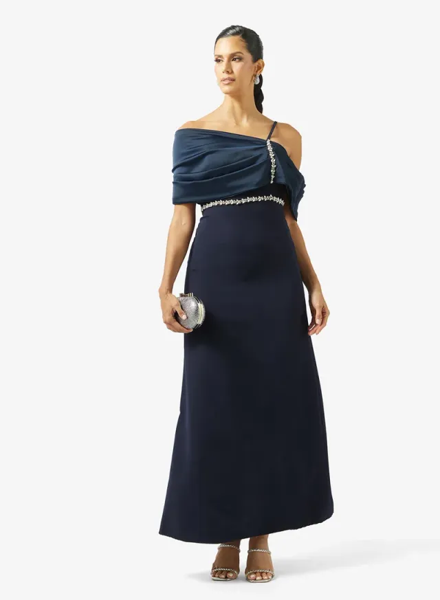 Navy Blue Maxi One Shoulder Embellished Evening Dress – image 4