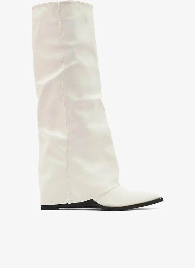 Pointed Toe Platform Knee Boots Cream