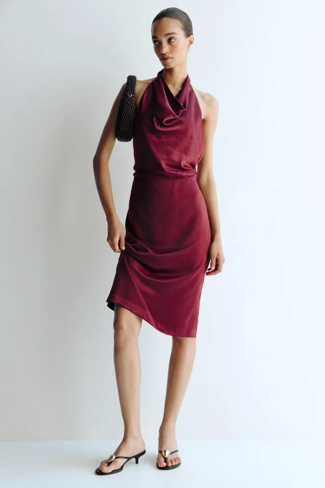Satin Midi Dress with Halterneck and Back Slit – image 7