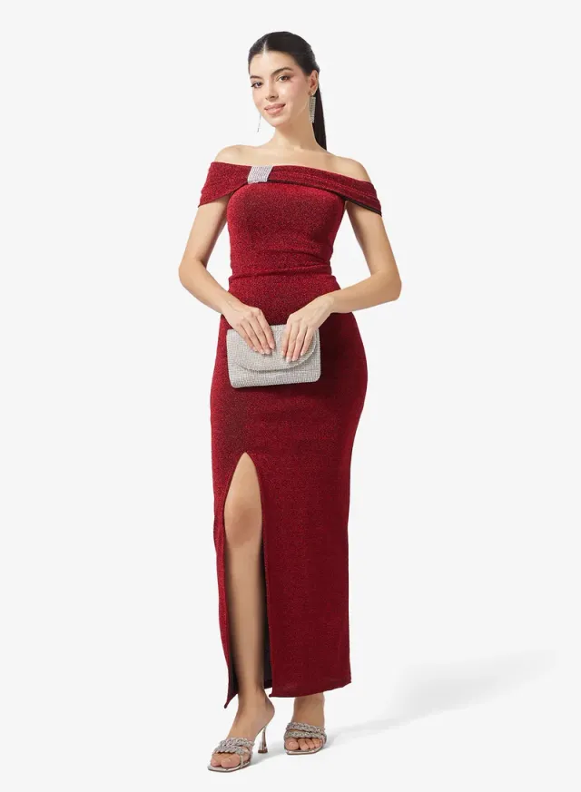 Red Off-Shoulder Maxi Dress with Front Slit – image 4