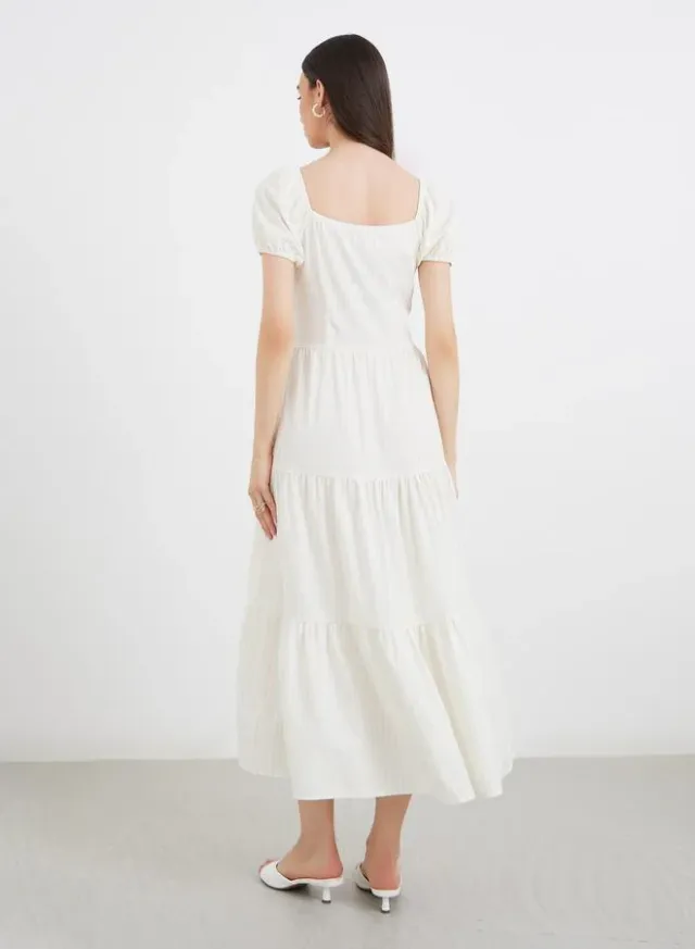 Striped Puff Sleeve Tiered Midi Dress – image 5