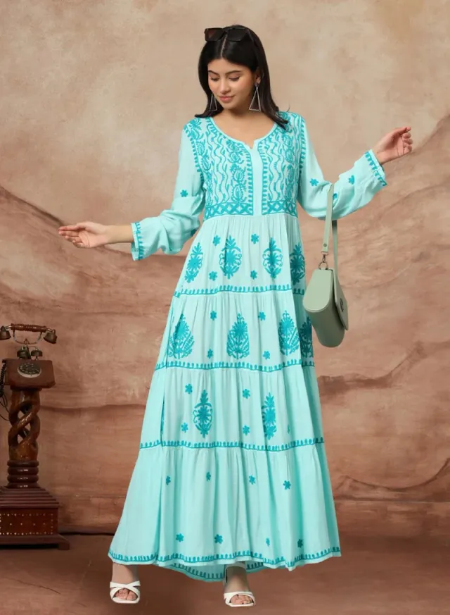 Turquoise Cotton Embroidered Jalabiya for Women - Plus Size – image 6