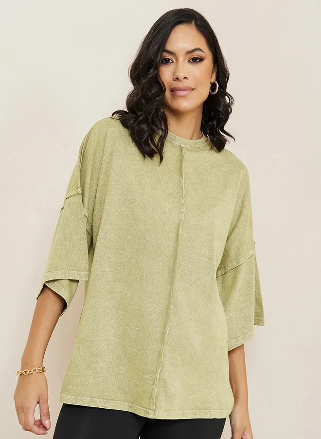 Oversized Exaggerated Sleeve Exposed Seam Washed T-Shirt Green