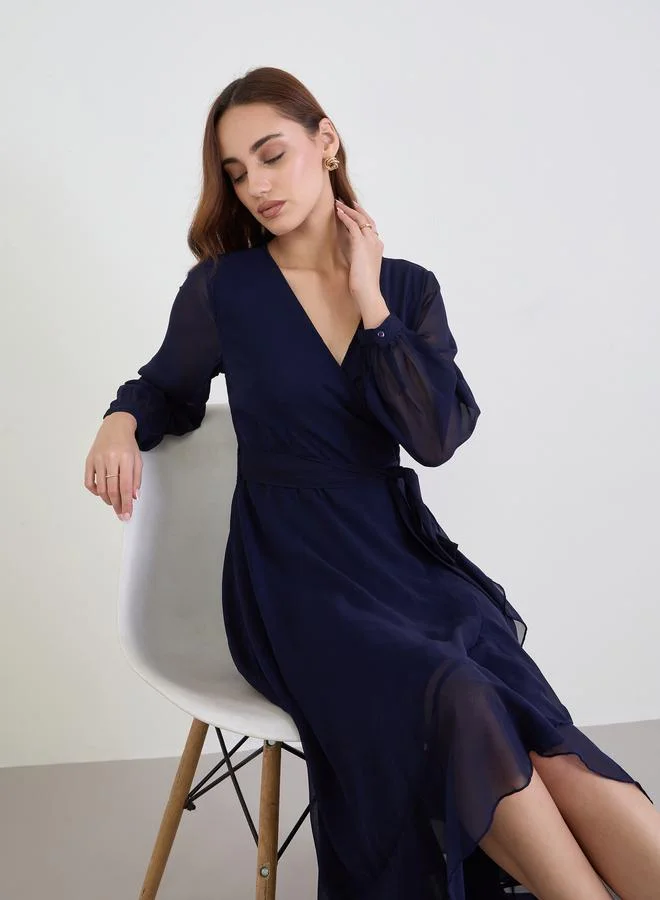 Solid Long Sleeve Wrap Maxi Dress Blue