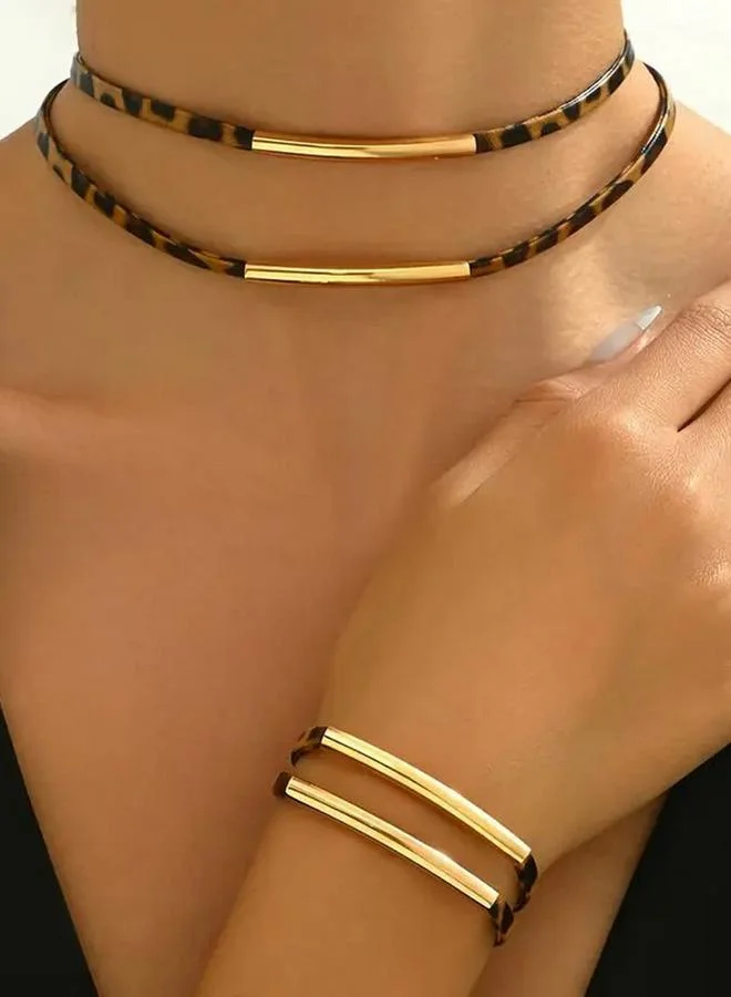 Take Two Leopard Print Bar Detail Necklace and Bracelet Jewelry Set