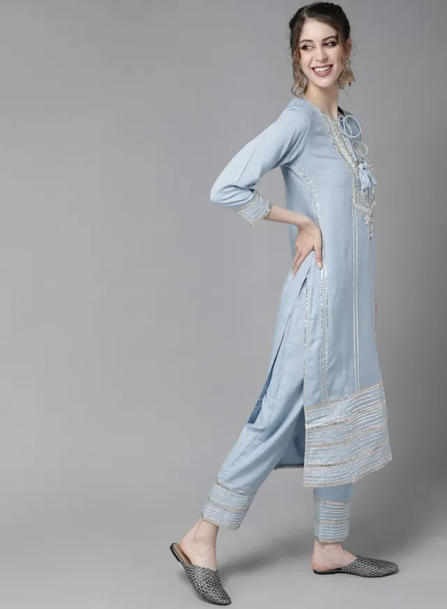 Blue Poly Silk Self Design Palazzo Kurta Set - Straight Fit – image 5
