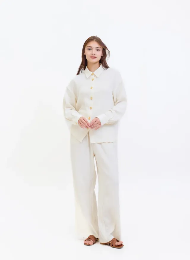Button Down Top and Bottom Set Beige