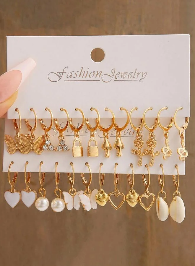 Set of 12 - Gold Hoop Drop Earrings