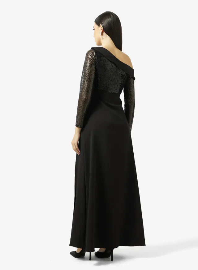 Black One-Shoulder Embellished Maxi Dress for Ramadan – image 2