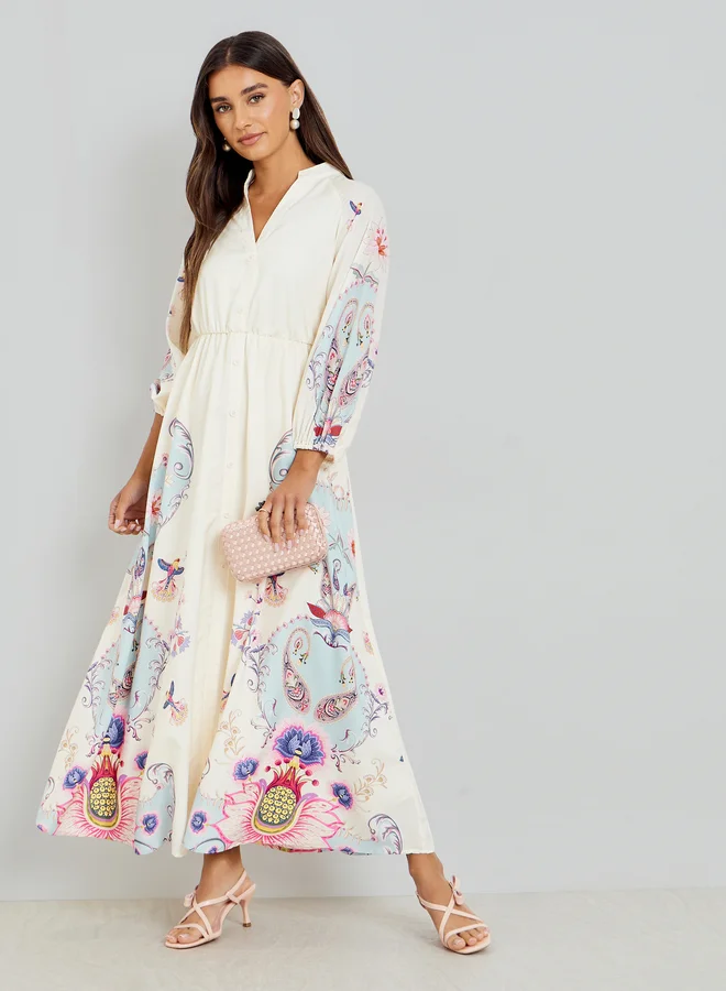 Floral Print Shirt Maxi Dress Beige