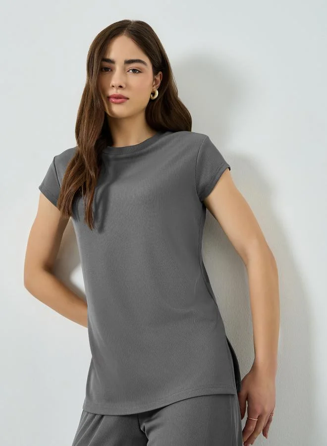 Ribbed Side Slit T-Shirt Grey