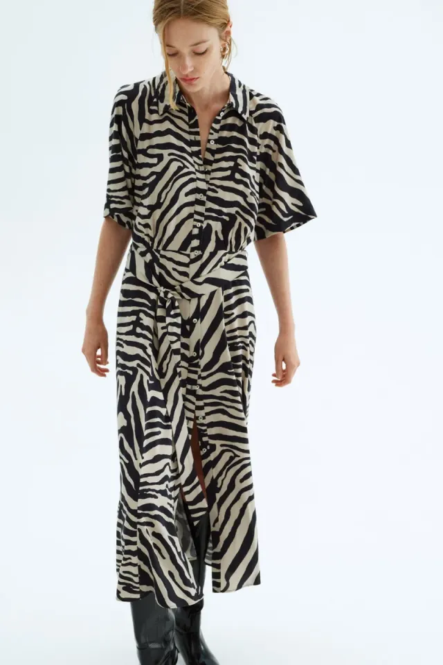Black and Beige Printed Viscose Midi Shirt Dress