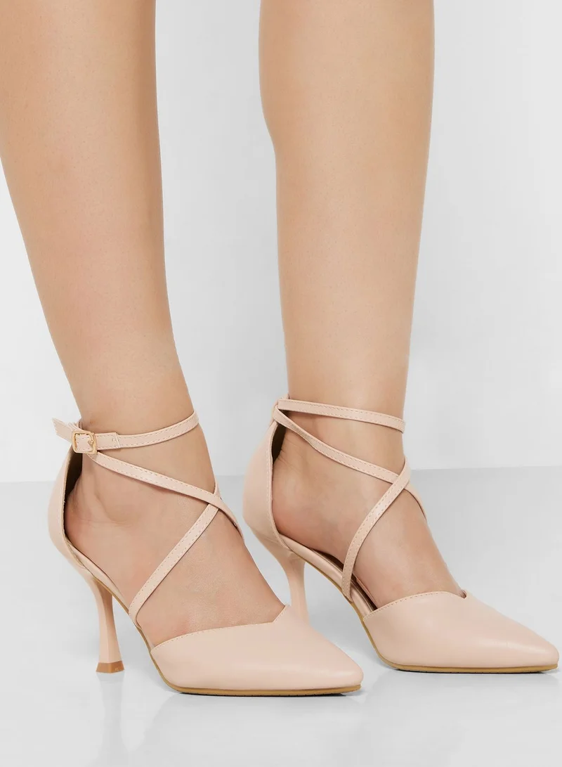 Faux Suede Cross Strap Pointed Pumps Beige