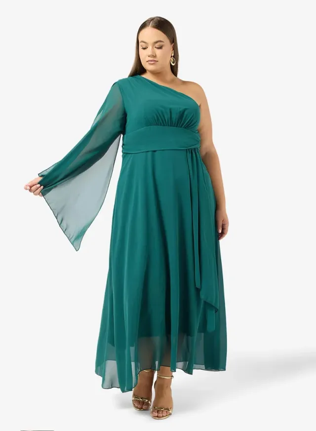 Ella Plus Teal Maxi One-Shoulder Shift Dress with Trail Sleeves – image 8