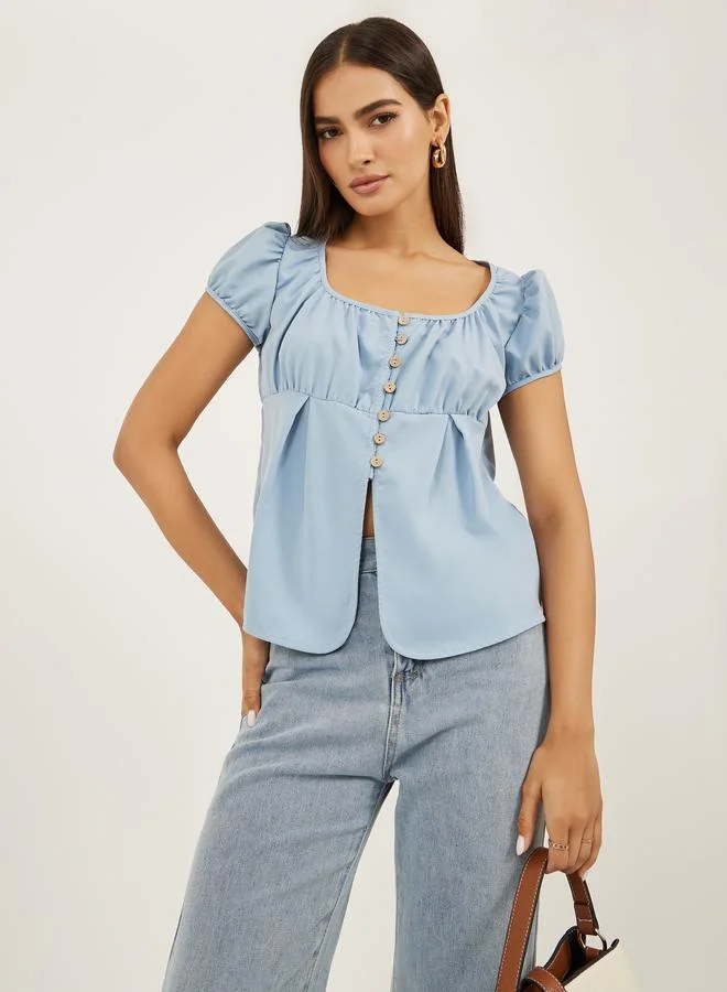 Gathered Puff Sleeve Button Top Blue