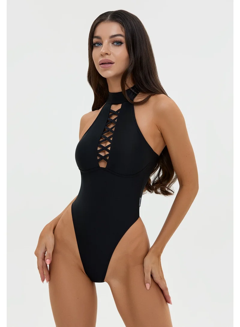 Bona Fide Women's Deep V Halter Monokini Black