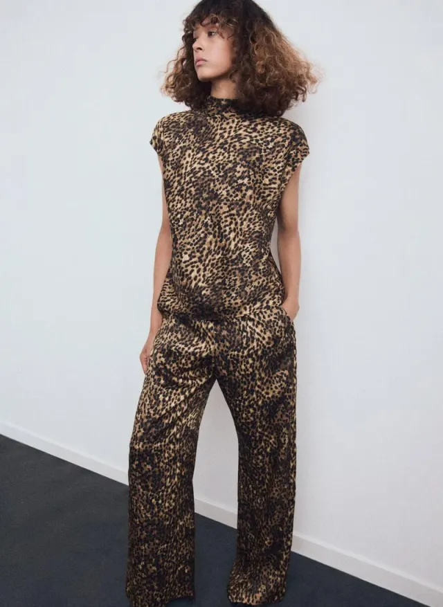 Leopard Print Satin Trousers - Marron - Mid-Rise - Side Zip - 100% Polyester – image 3