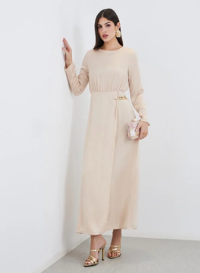 Chain Detail Long Sleeve A-Line Maxi Dress Beige
